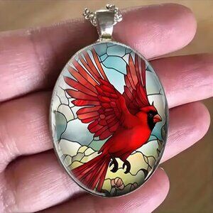 Silver Oval Shaped CARDINAL Pendant Necklace